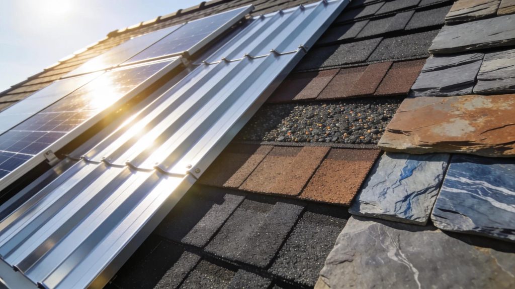 Variety of energy-efficient roofing materials including metal, asphalt, and slate displayed on a roof
Barrie Roofing Companies